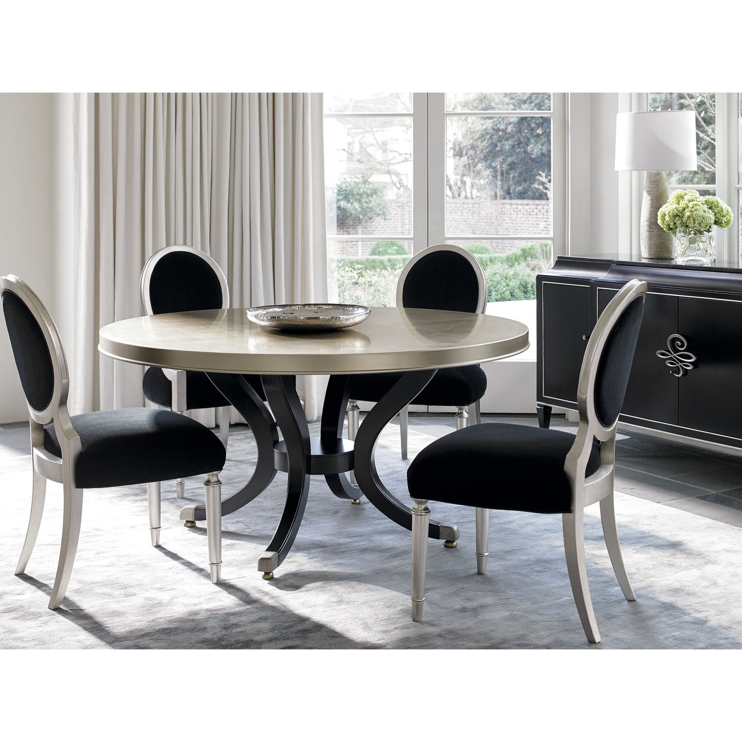 010 SR-768581 | Lifestyle | Chit-Chat Side Chair (Set of 2) by Caracole in black, silver and taupe silver leaf. Made from birch solids in a transitional style.