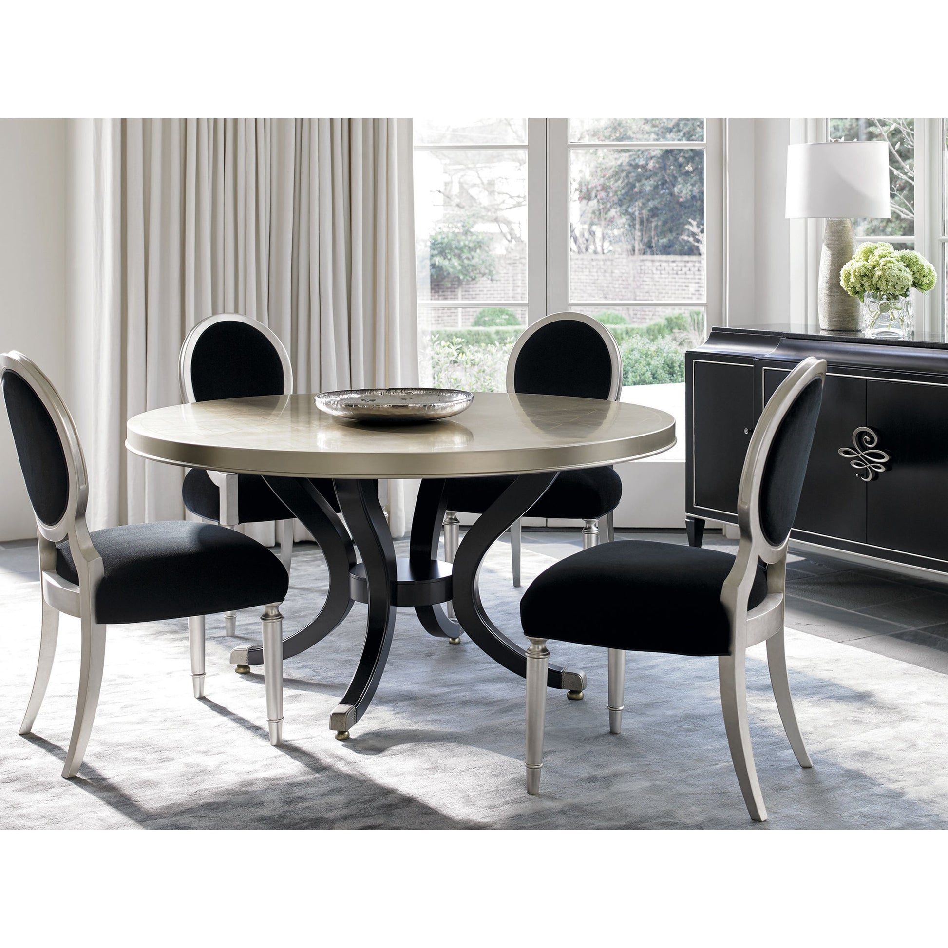 Chit-Chat Side Chair (Set of 2) by Caracole in black, silver and taupe silver leaf. Made from birch solids in a transitional style.