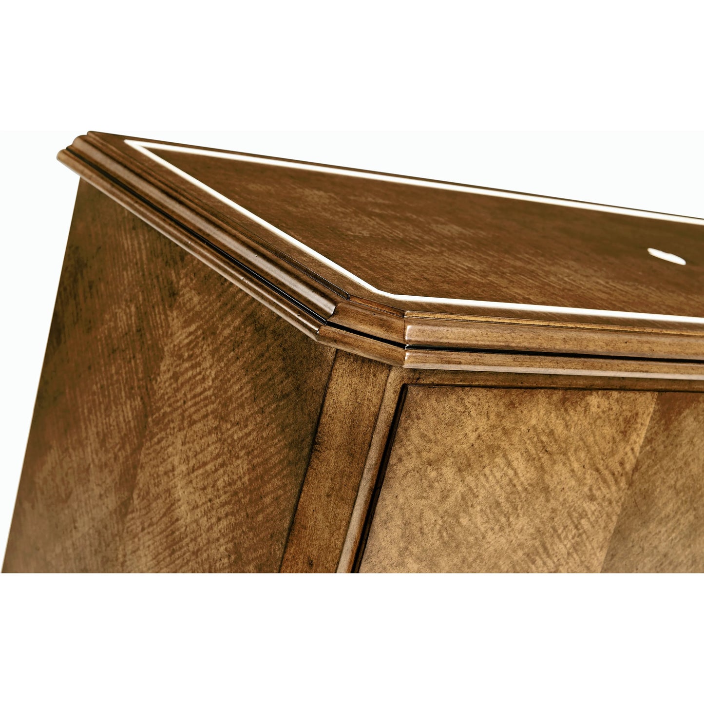 002 SI-2186337 | Closeup | Eastcote Chest of Drawers by Jonathan Charles in brown and sycamore carmel brown. Made from solid maple, sycamore quartered veneer, faux bone, metal in a modern style.