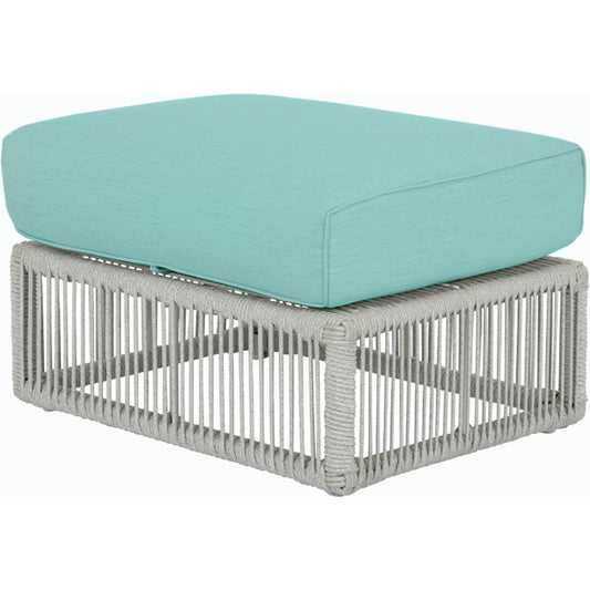 Miami Outdoor Ottoman by Sunset West in frost. Made from olefin rope in a coastal style.