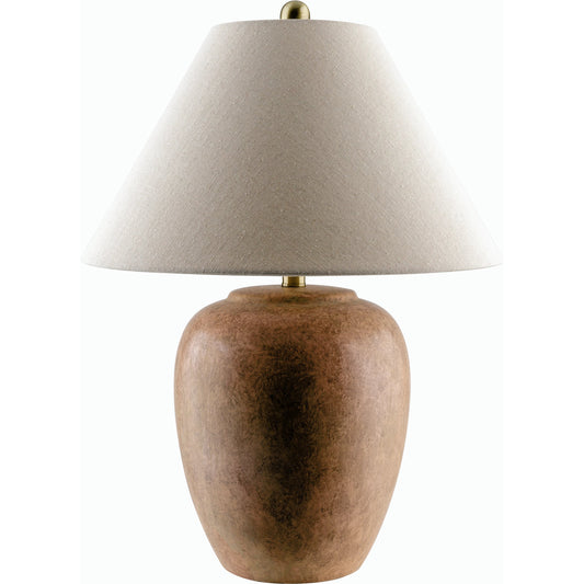 Turin Accent Table Lamp - 535888 by Surya in body: pink, shade (outside): beige, shade (inside): white, finial: metallic - bronze, harp: metallic - brass, cord: translucent and glazedplated. Made from ceramic, linen, iron in