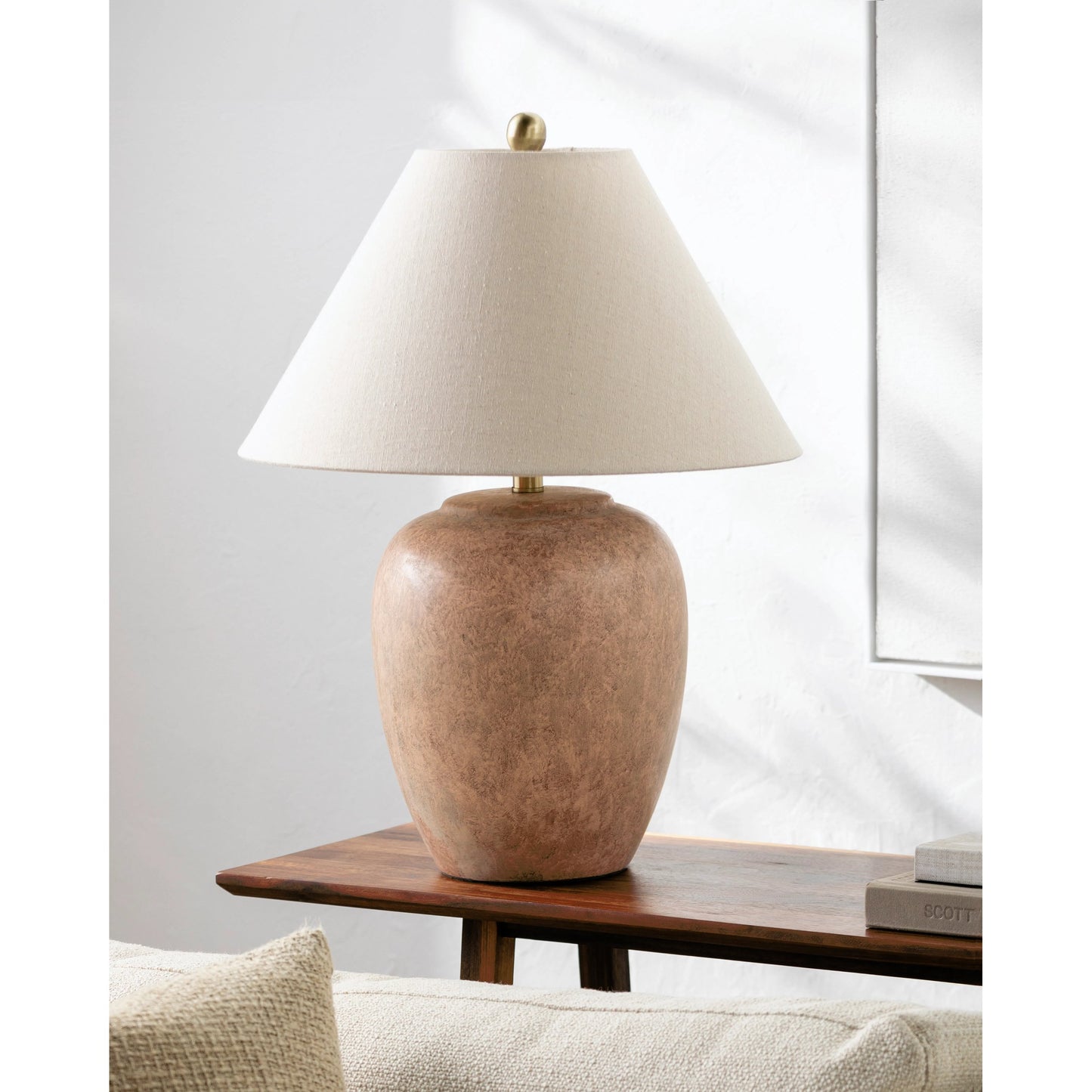 003 SI-2165564 | Lifestyle | Turin Accent Table Lamp - 535888 by Surya in metallic bronze, pink, translucent, white, metallic brass, beige and glazedplated. Made from ceramic, linen, iron in a modern style.