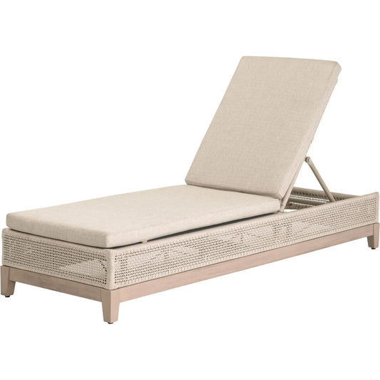 Tropez Chaise Lounge by Essentials For Living in oat flat rope, performance ecru weave, washed ever teak. Made from solid teak wood, aluminum in a transitional style.