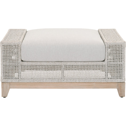 Indian Ottoman by Essentials For Living in taupe, white flat rope, pumice, gray teak. Made from solid teak wood, aluminum, polyolefin rope, 100% olefin fabric, foam in a coastal style.