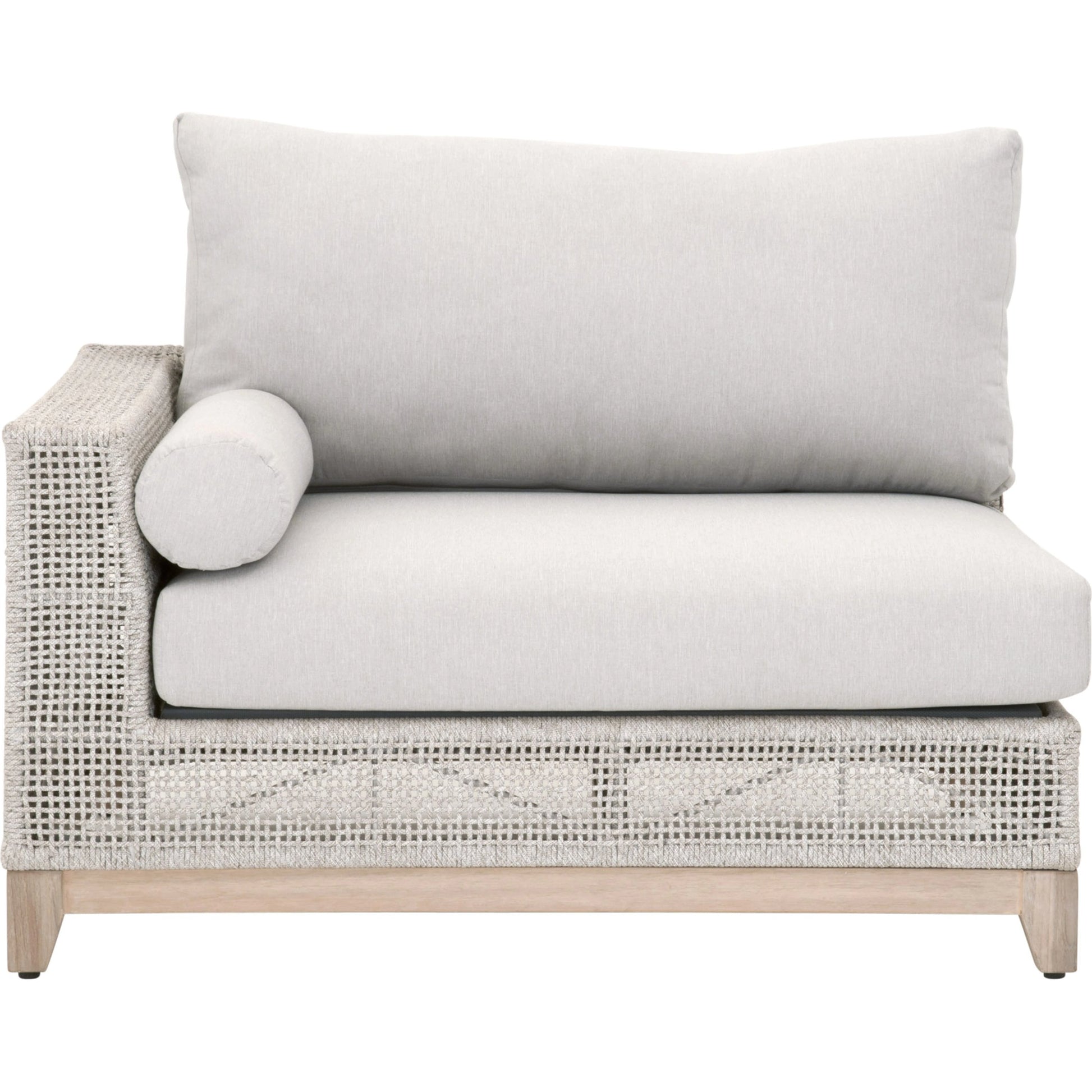 Tropez One Arm Sofa Chair by Essentials For Living in gray, taupe, white, pumice. Made from solid teak, aluminum, rope, 100% olefin in a coastal style.