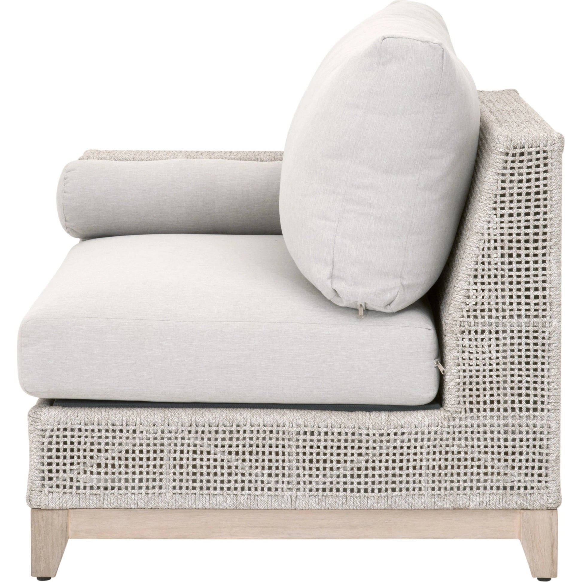 Tropez One Arm Sofa Chair by Essentials For Living in gray, taupe, white, pumice. Made from solid teak, aluminum, rope, 100% olefin in a coastal style.