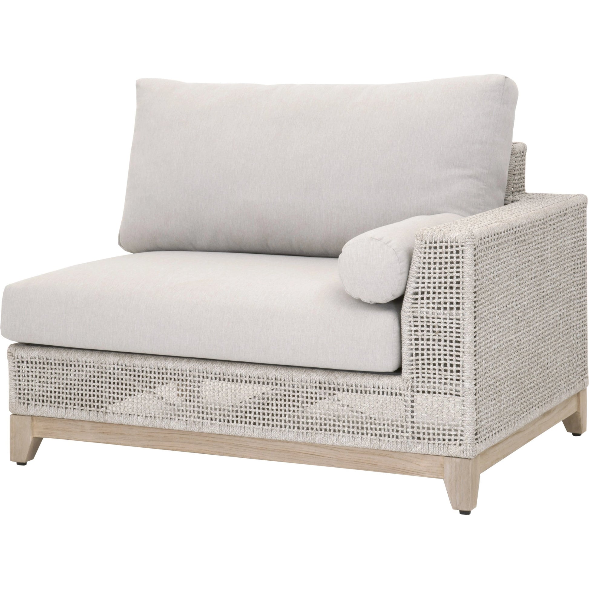 Tropez One Arm Sofa Chair by Essentials For Living in gray, taupe, white, pumice. Made from solid teak, aluminum, rope, 100% olefin in a coastal style.