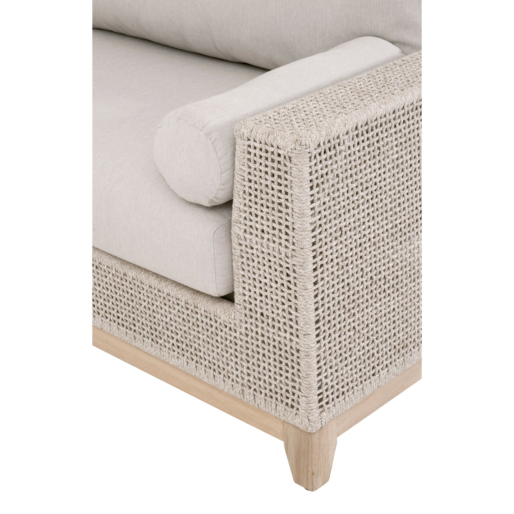 Tropez One Arm Sofa Chair by Essentials For Living in gray, taupe, white, pumice. Made from solid teak, aluminum, rope, 100% olefin in a coastal style.
