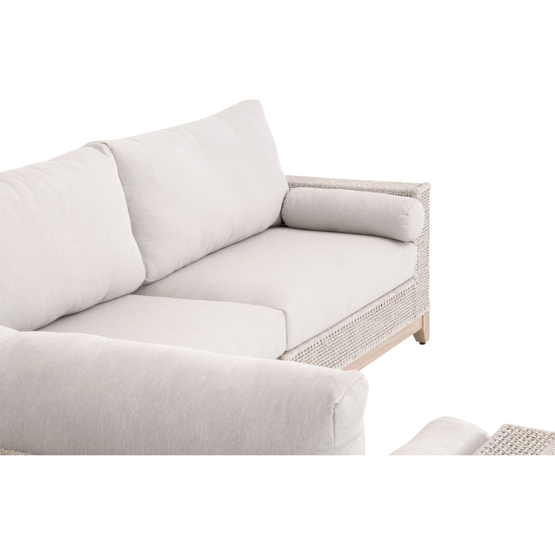 Tropez One Arm Sofa Chair by Essentials For Living in gray, taupe, white, pumice. Made from solid teak, aluminum, rope, 100% olefin in a coastal style.
