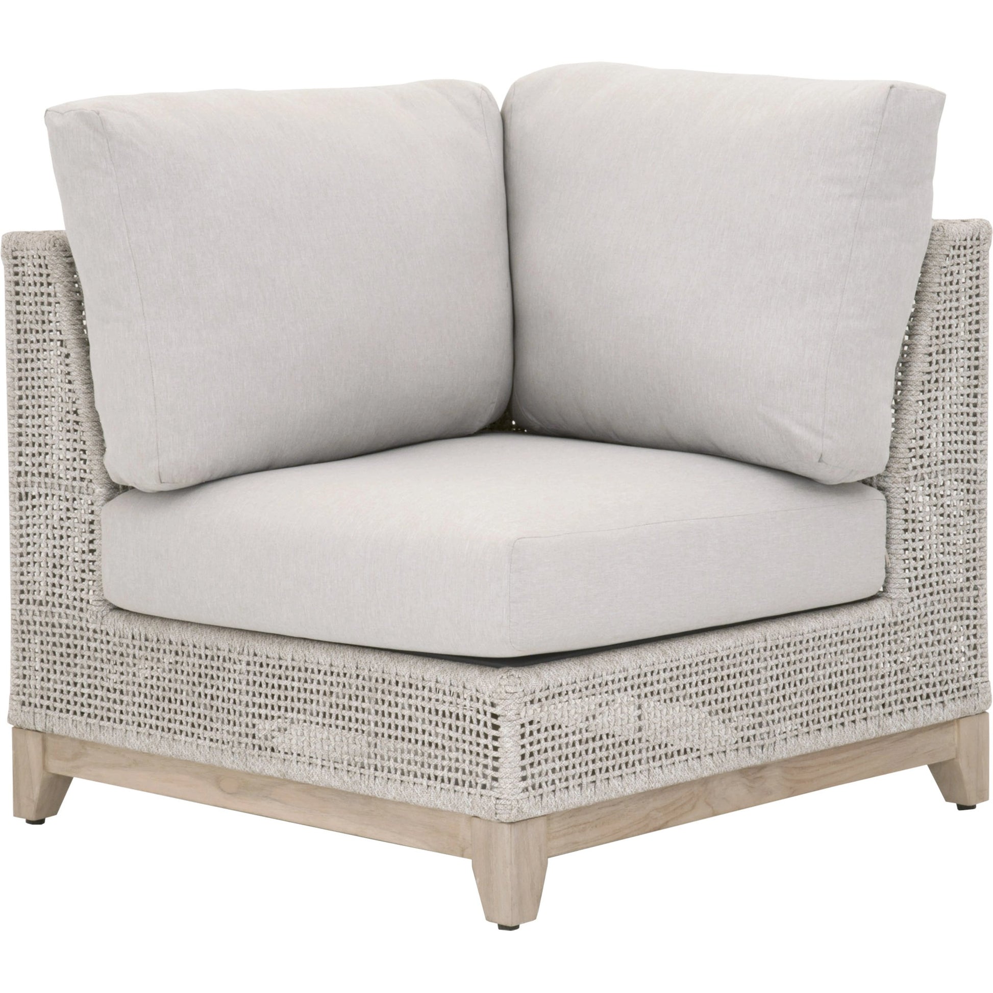 Tropez Corner Sofa Chair by Essentials For Living in gray, taupe, white, pumice. Made from solid teak, aluminum, rope, 100% olefin in a coastal style.
