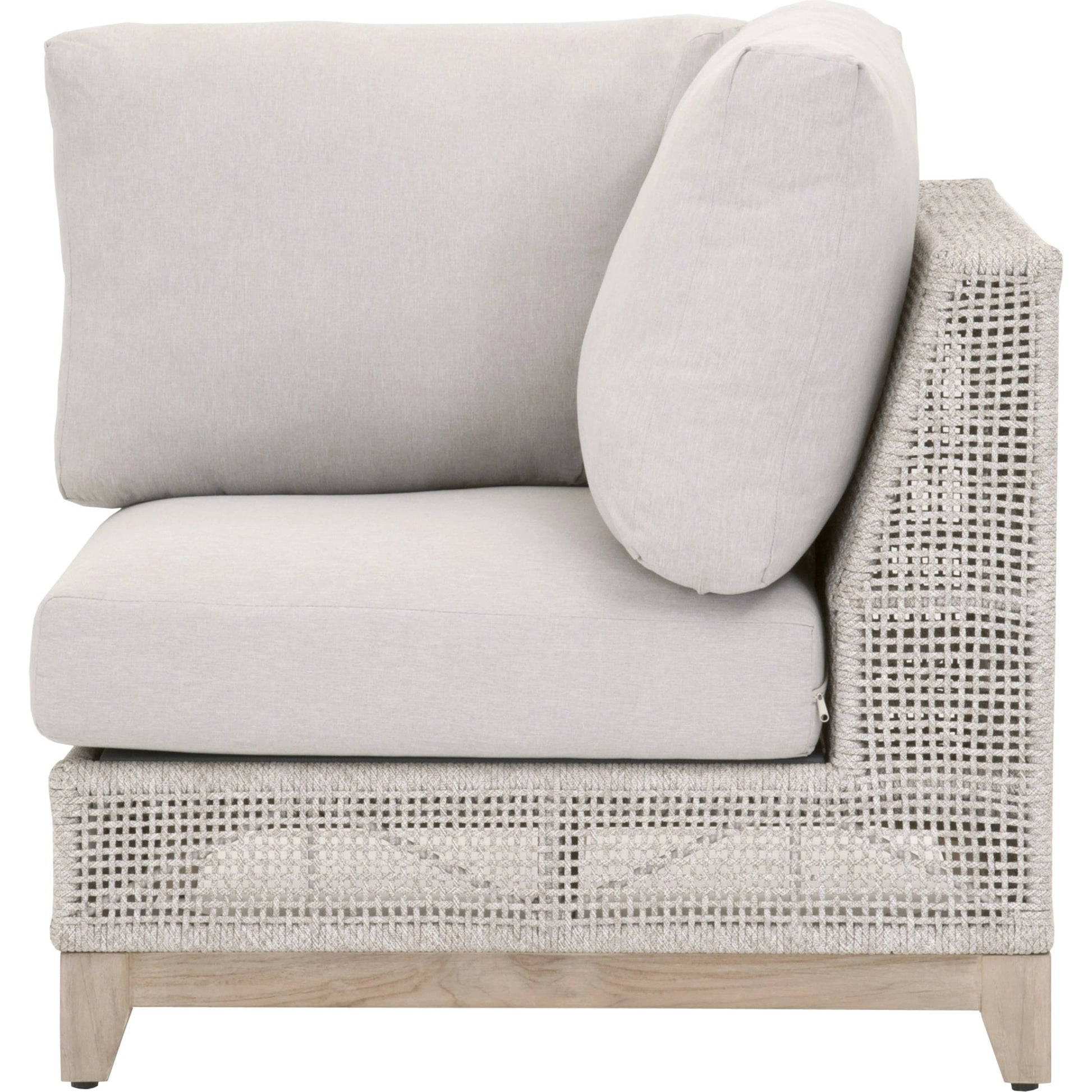 Tropez Corner Sofa Chair by Essentials For Living in gray, taupe, white, pumice. Made from solid teak, aluminum, rope, 100% olefin in a coastal style.