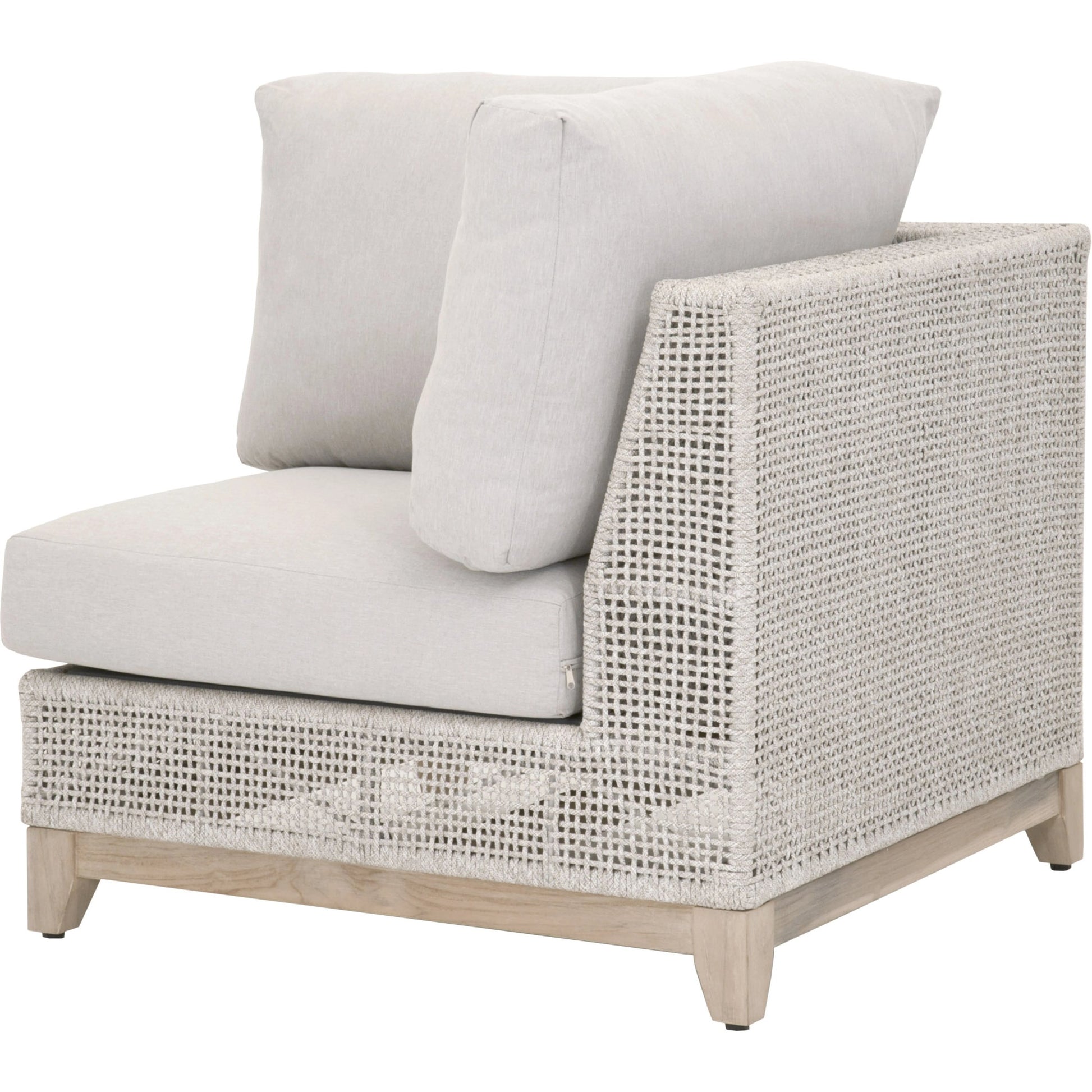 Tropez Corner Sofa Chair by Essentials For Living in gray, taupe, white, pumice. Made from solid teak, aluminum, rope, 100% olefin in a coastal style.