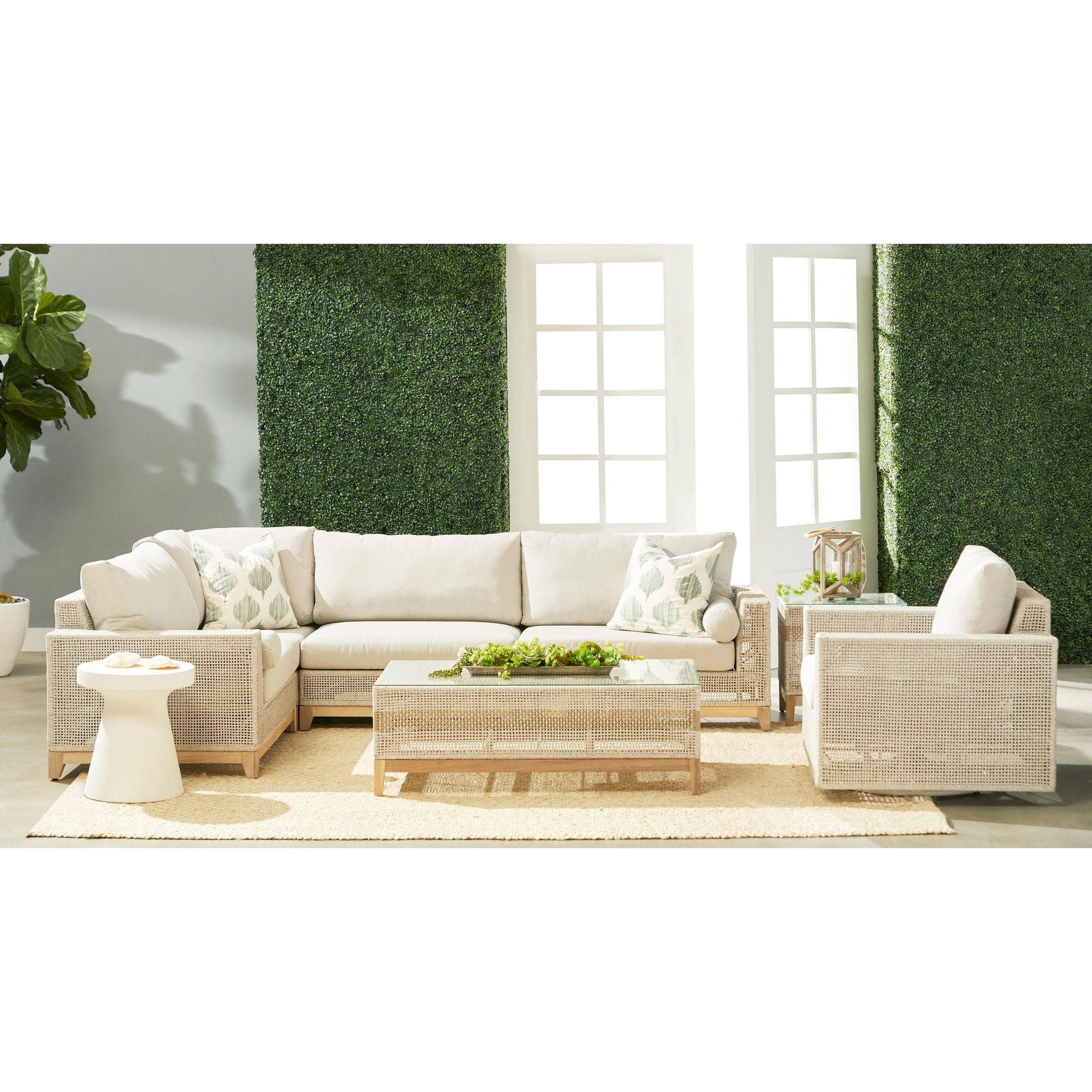 Tropez Corner Sofa Chair by Essentials For Living in gray, taupe, white, pumice. Made from solid teak, aluminum, rope, 100% olefin in a coastal style.