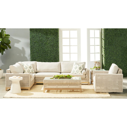 Tropez Corner Sofa Chair by Essentials For Living in gray, taupe, white, pumice. Made from solid teak, aluminum, rope, 100% olefin in a coastal style.