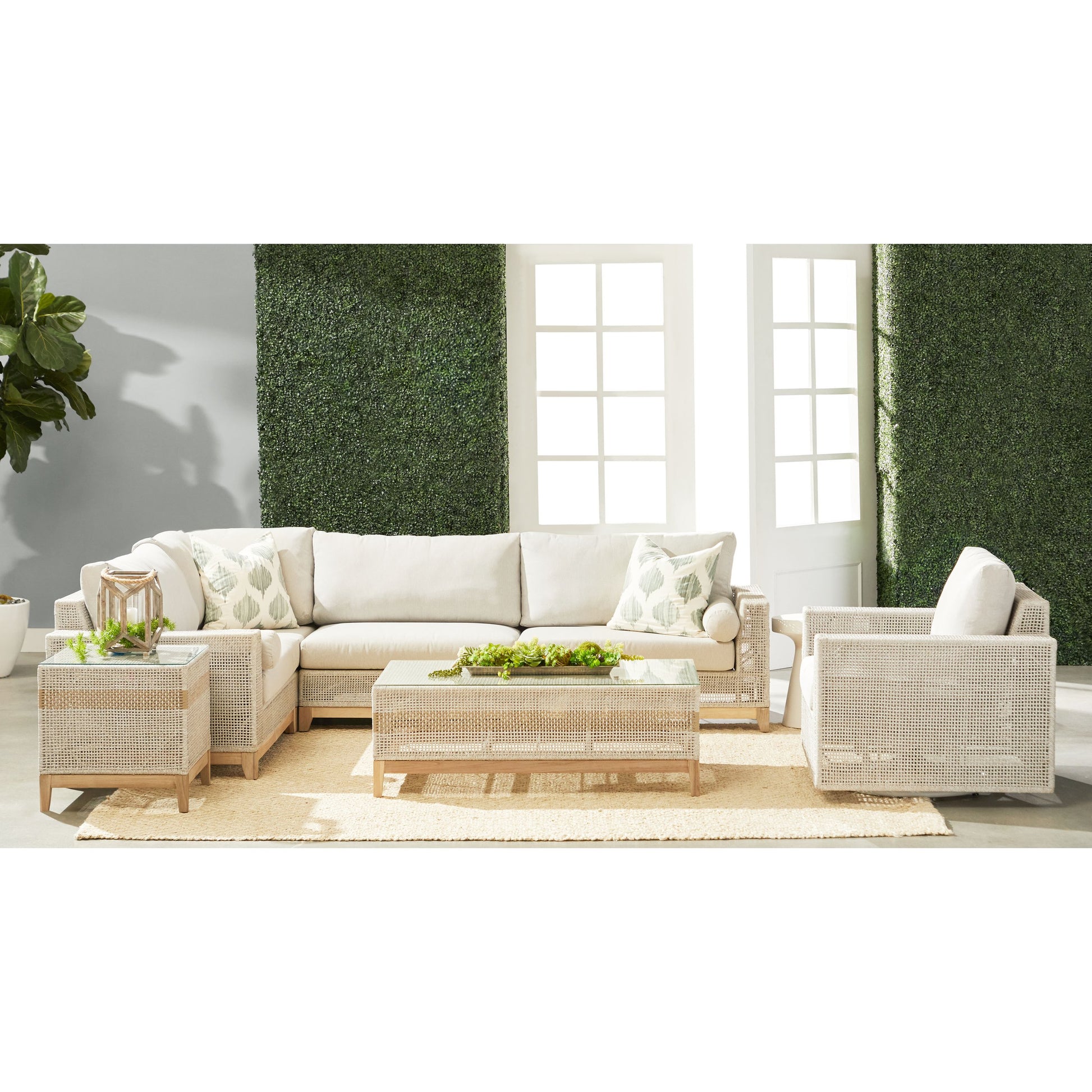Tropez Corner Sofa Chair by Essentials For Living in gray, taupe, white, pumice. Made from solid teak, aluminum, rope, 100% olefin in a coastal style.