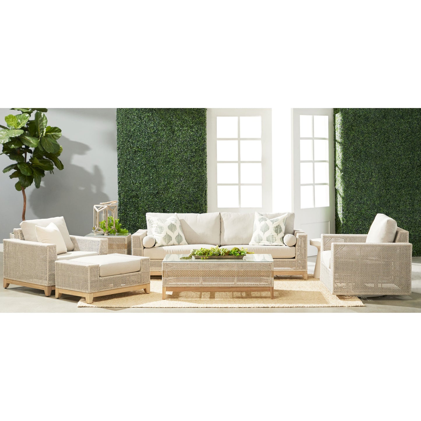 005 SR-837492 | Lifestyle | Indian Ottoman by Essentials For Living in taupe, white flat rope, pumice, gray teak. Made from solid teak wood, aluminum, polyolefin rope, 100% olefin fabric, foam in a coastal style.