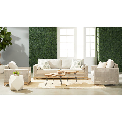 Tropez Sofa Chair by Essentials For Living in gray, taupe, white, pumice. Made from solid teak, aluminum, rope, 100% olefin in a coastal style.