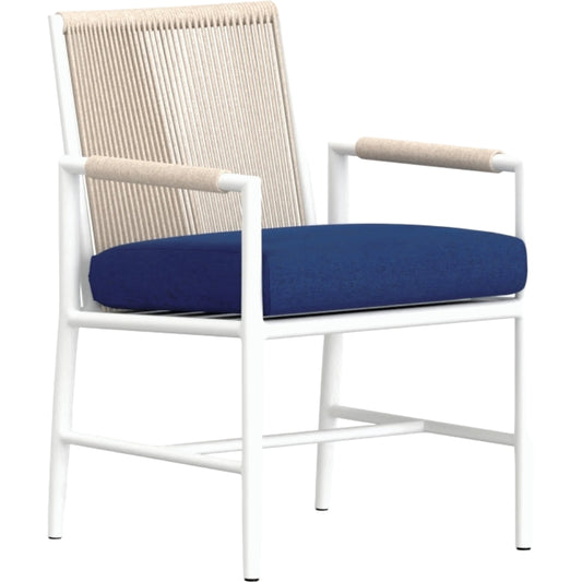 Sabbia Outdoor Dining Arm Chair by Sunset West in white. Made from olefin rope in a coastal style.