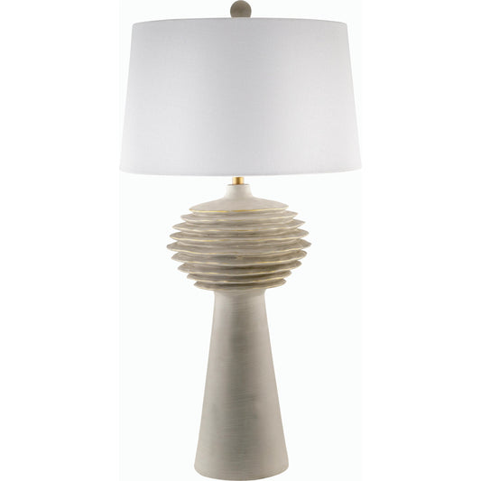 Terra Strata Accent Table Lamp - 535641 by Surya in body: gray, base: gray, shade: white, finial: gray, harp: metallic - brass, cord: translucent and paintedpaintedpainted. Made from resin, linen, polyester, plastic in a mod