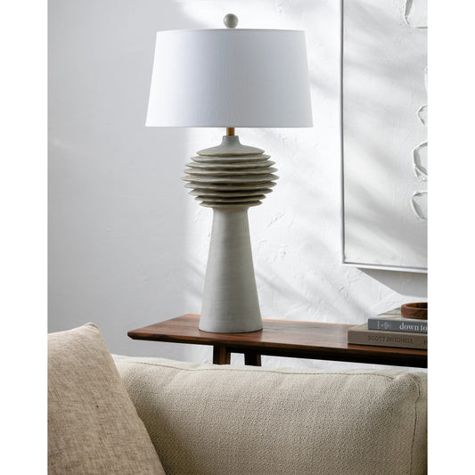 Terra Strata Accent Table Lamp - 535641 by Surya in body: gray, base: gray, shade: white, finial: gray, harp: metallic - brass, cord: translucent and paintedpaintedpainted. Made from resin, linen, polyester, plastic in a modern