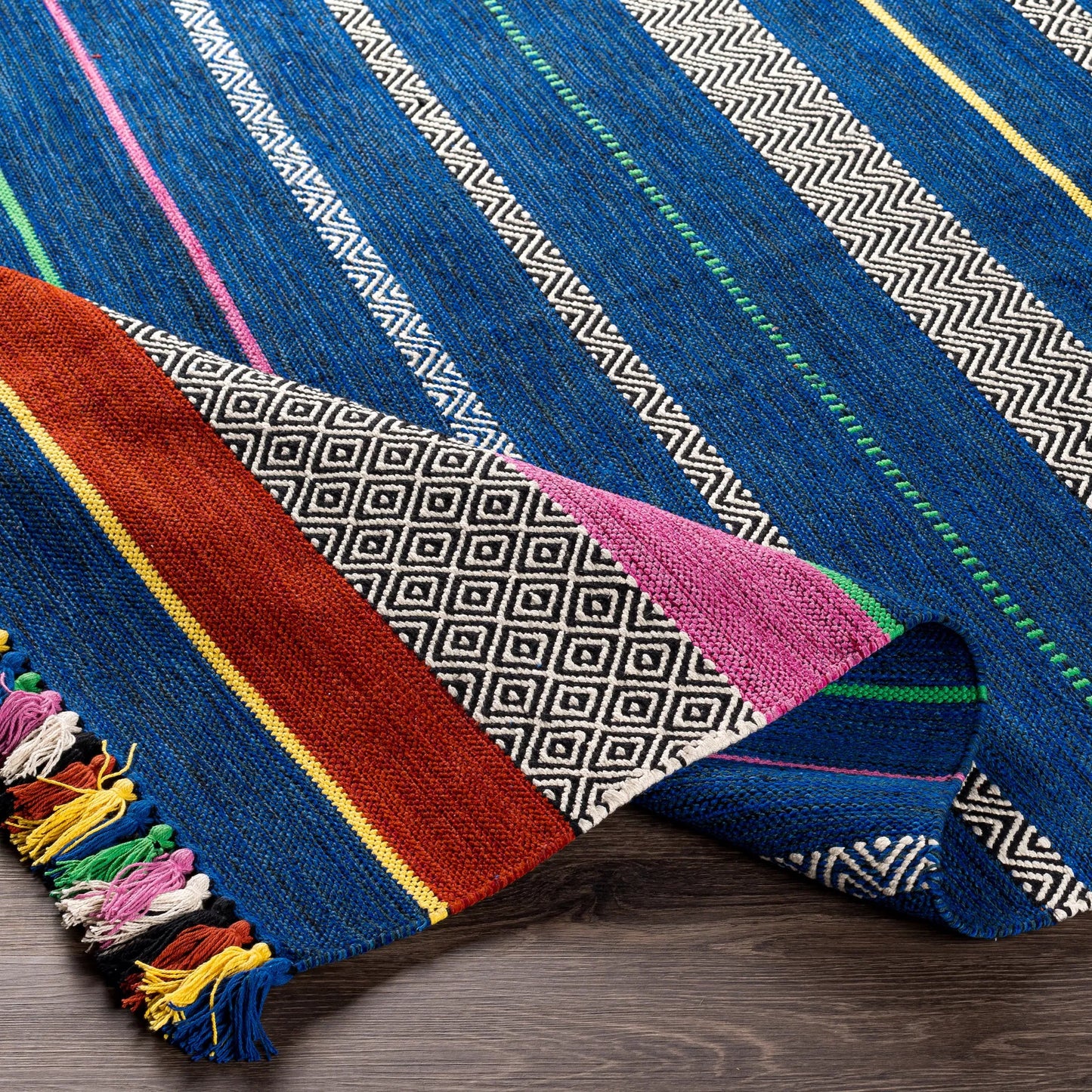 007 SI-1892161,SI-1892162,SI-1892163,SI-1892164 | Closeup | Trenza Rug - 25226 by Surya in blue, black, dark blue, green, rust, purple. Made from 100% cotton in a unique style.