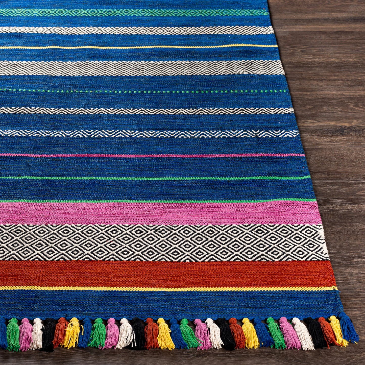 005 SI-1892161,SI-1892162,SI-1892163,SI-1892164 | Closeup | Trenza Rug - 25226 by Surya in blue, black, dark blue, green, rust, purple. Made from 100% cotton in a unique style.