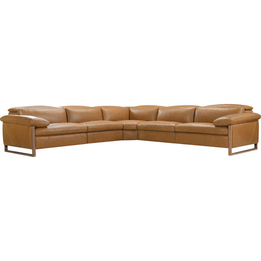 Jericho Five-Piece Power Reclining Sectional by Hooker Furniture in brown and dark wood. Made from semi-aniline top grain leather, leather in a unique style.