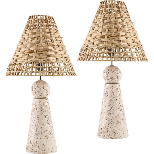 Teslin Accent Table Lamp (Set of 2) by Livabliss in washed, stone. Made from travertine, rattan in a transitional style.