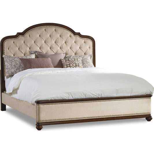 Leesburg Upholstered Bed by Hooker Furniture in beige and mahogany, alabaster. Made from hardwoods with fabric, nailheads in a traditional style.