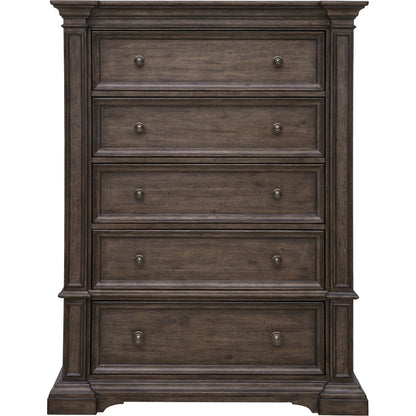 Woodbury Five-Drawer Chest by Pulaski Furniture in cowboy boots brown. Made from rubberwood in a traditional style.