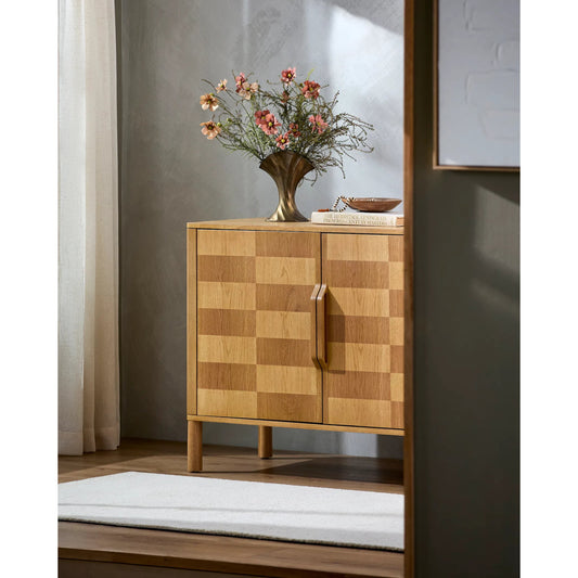 Tessell Cabinet by Surya in brown and natural, stained two-tone. Made from white oak veneer, manufactured wood, oak in a unique style.