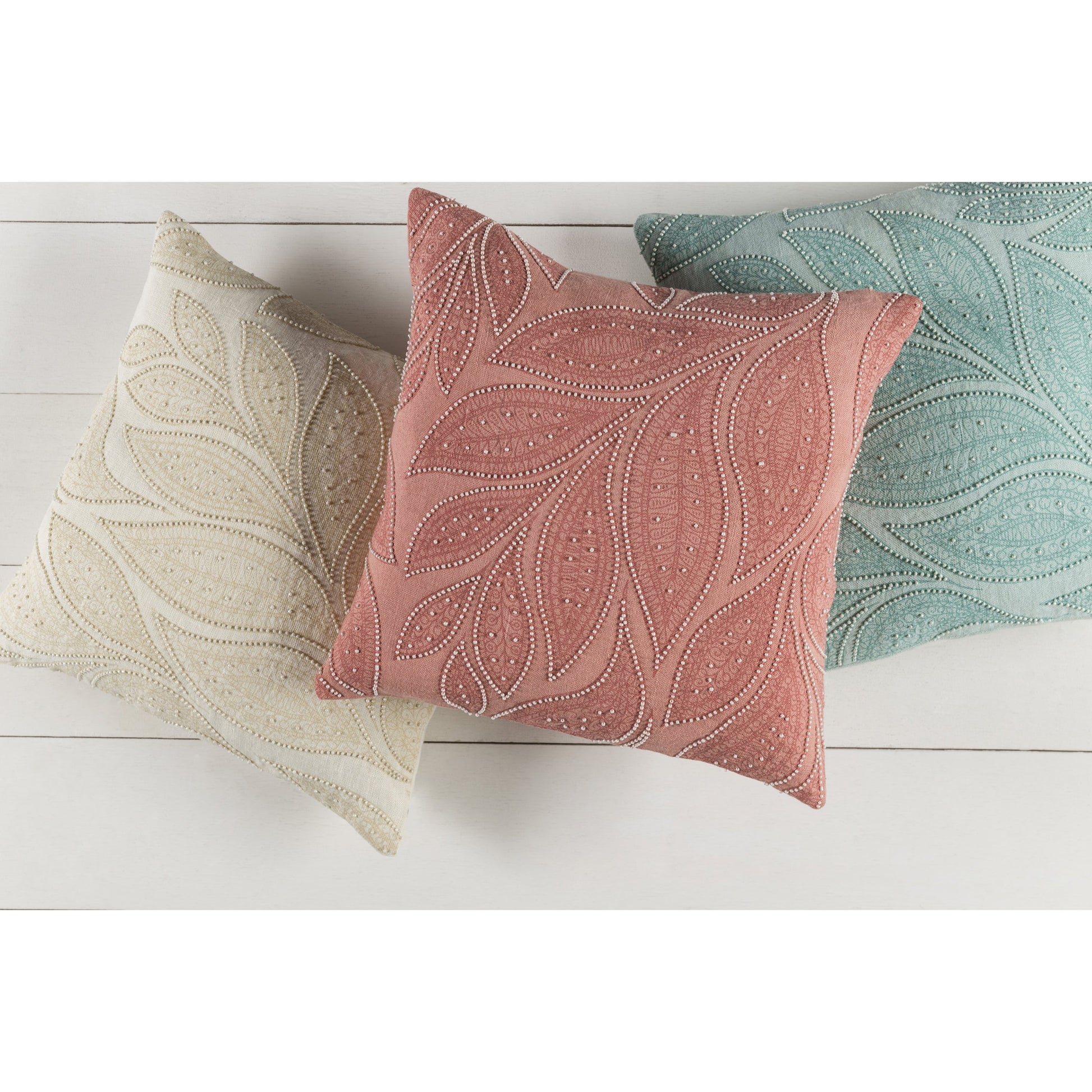 Tansy Pillow - 16242 by Surya in peach, rose, cream. Made from front: 100% linen, back: 100% linen in a modern style.