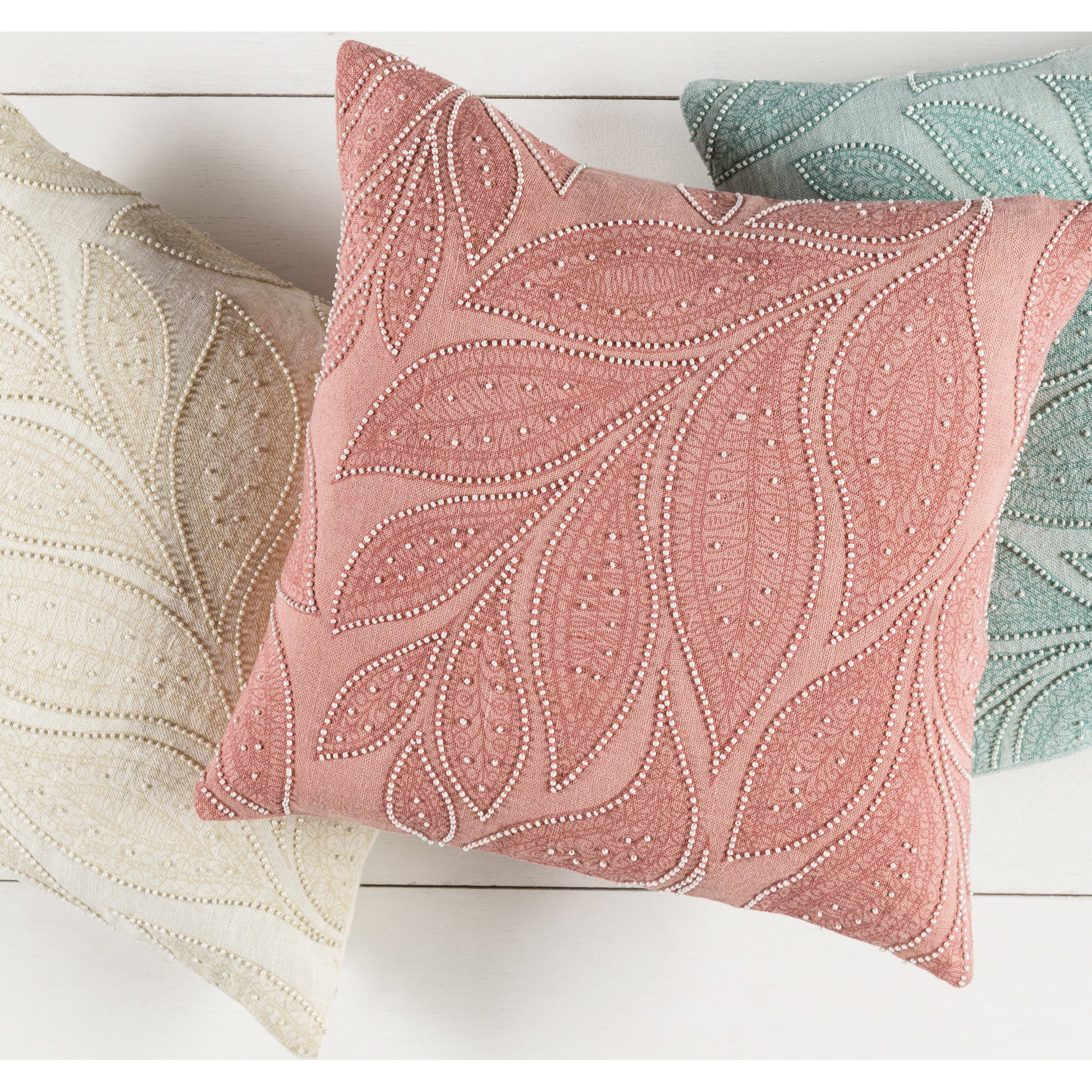 Tansy Pillow - 16242 by Surya in peach, rose, cream. Made from front: 100% linen, back: 100% linen in a modern style.