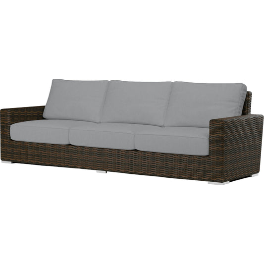 Montecito Outdoor Sofa by Sunset West in cognac. Made from resin wicker in a modern style.