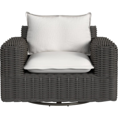 Cabo Outdoor Oversized Swivel Club Chair by Sunset West in dark wood. Made from resin wicker in a rustic style.