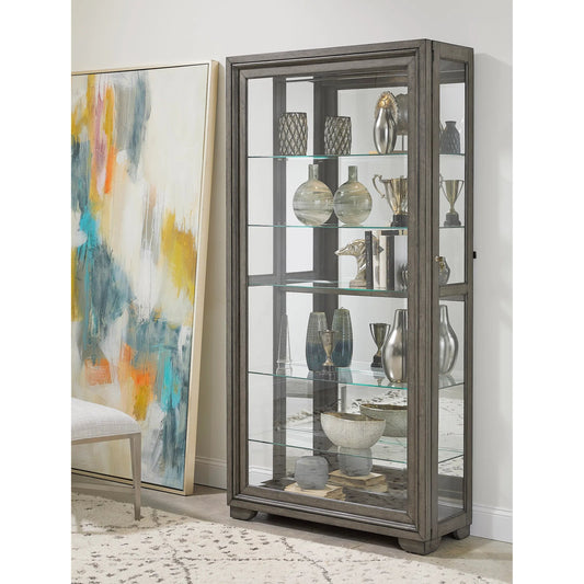 Modern Wood Framed 5-Shelf Sliding Door Curio with LED Light by Pulaski Furniture in natural wood finish with gray undertones. Made from birch wood veneers in a unique style.