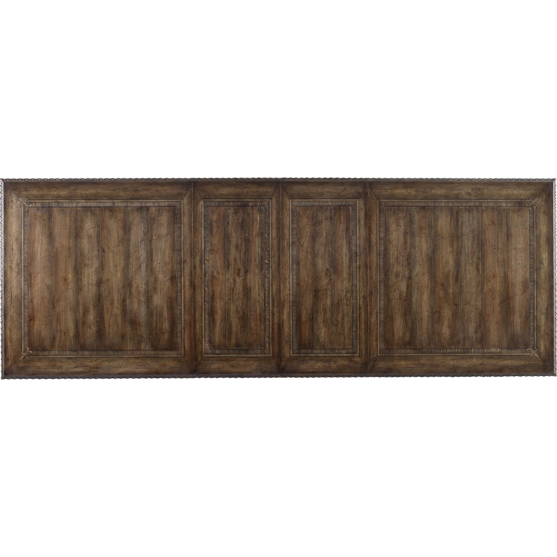 Rhapsody Rectangle Dining Table by Hooker Furniture in rustic walnut. Made from pecan, hickory, ash, black walnut, maple veneers with resin in a traditional style.