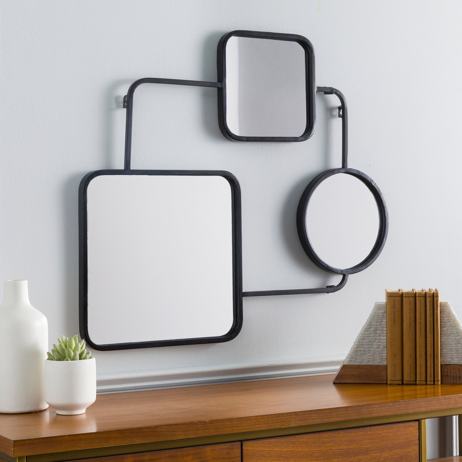 Mattie Indoor/Outdoor Mirror by Surya in black and painted. Made from metal, manufactured wood in a modern style.