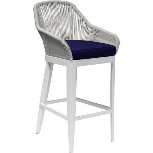 Miami Outdoor Barstool by Sunset West in frost. Made from olefin rope in a coastal style.