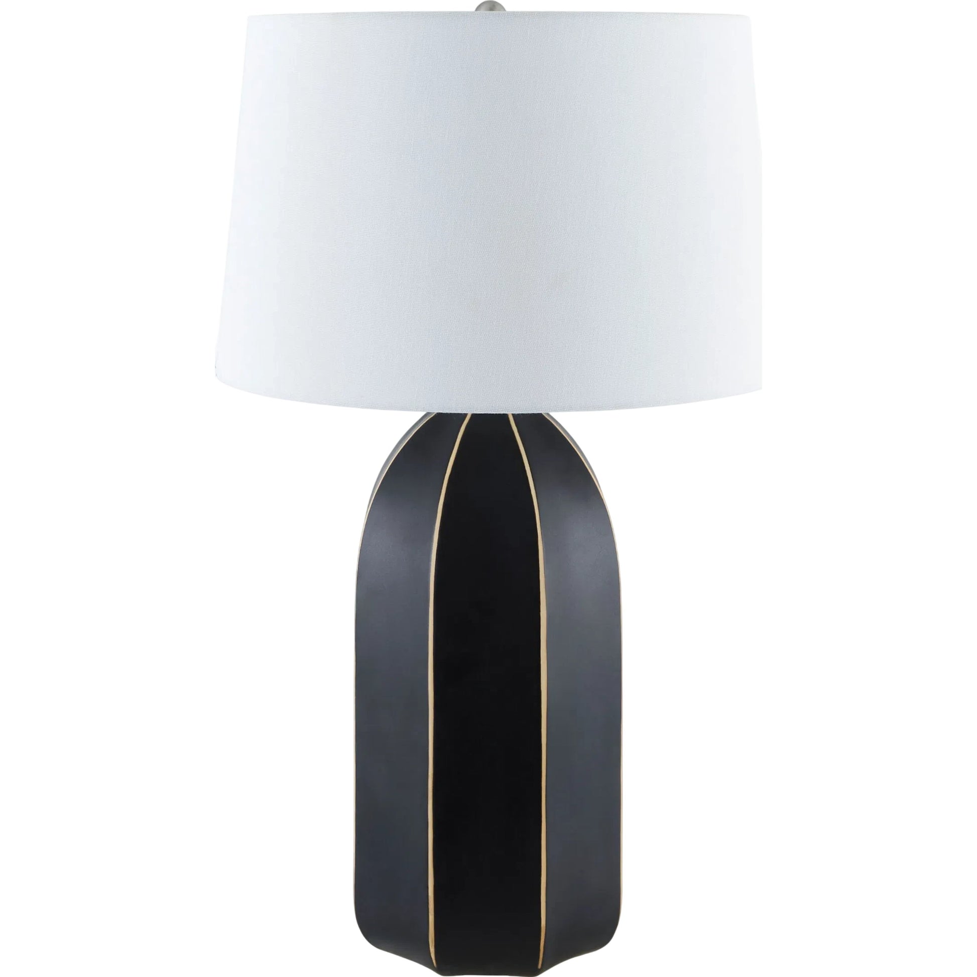 Tullich Accent Table Lamp by Livabliss in body: black; shade: white; finial: metallic - nickel; harp: metallic - nickel; cord: translucent and electroplated, painted. Made from ceramic, linen, plastic, iron in a modern style