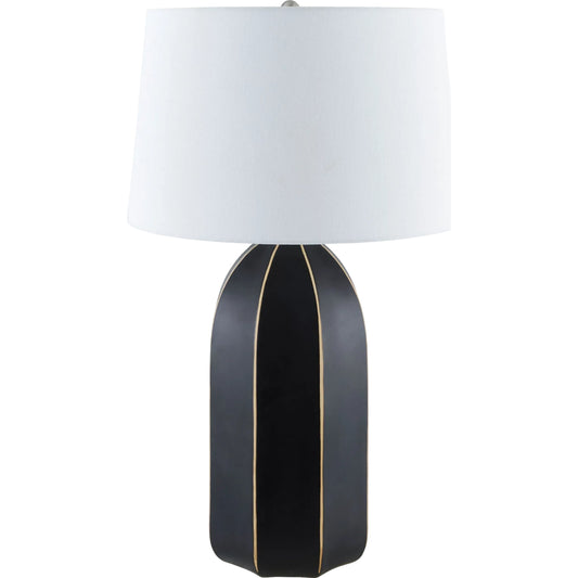 Tullich Accent Table Lamp by Livabliss in body: black; shade: white; finial: metallic - nickel; harp: metallic - nickel; cord: translucent and electroplated, painted. Made from ceramic, linen, plastic, iron in a modern style