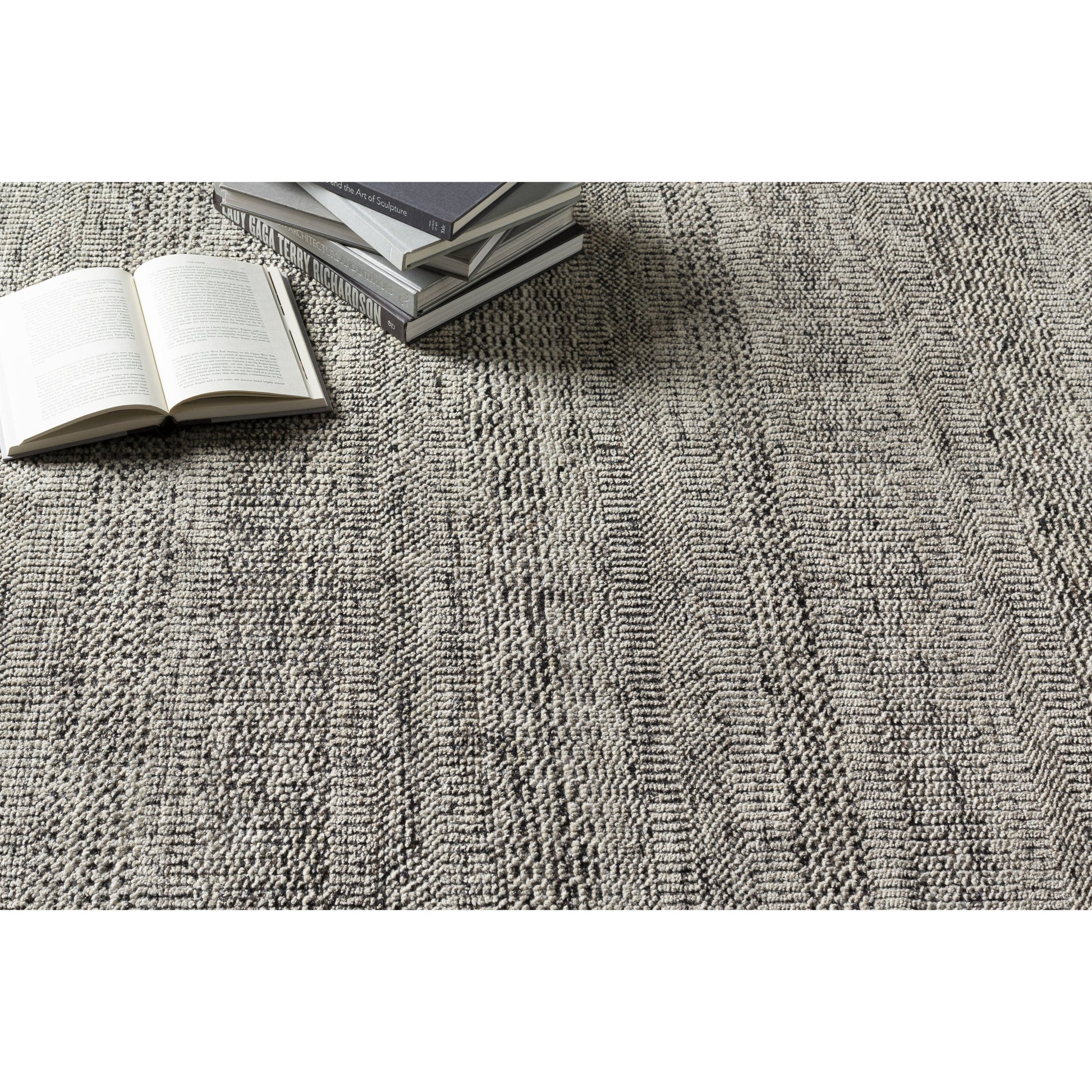 Tunus TUN-2305 Rug by Surya in gray, off-white, black, light sage. Made from 80% new zealand wool, 20% viscose in a unique style.