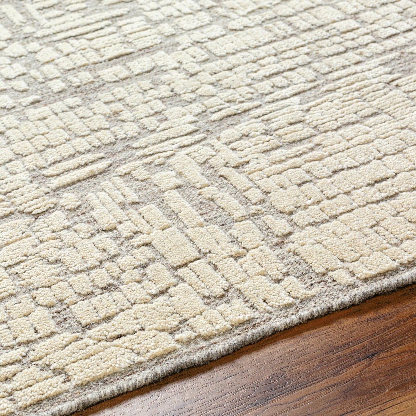 004 SI-1917744,SI-1917745,SI-1917746,SI-1917747,SI-1917748 | Closeup | Tunus TUN-2310 Rug by Surya in taupe, ivory, charcoal. Made from main: 100% wool in a unique style.