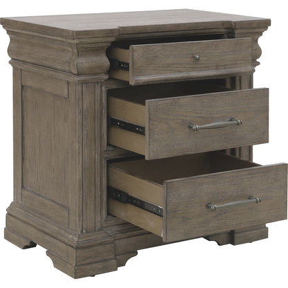 Madison Ridge 3 Drawer Nightstand by Pulaski Furniture in natural bark. Made from flat-cut white oak wood veneers in a unique style.