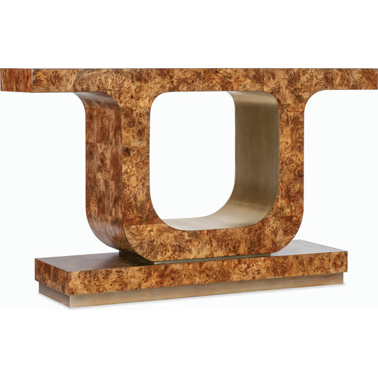 Melange Burlesque Console Table by Hooker Furniture in medium wood and mappa burl veneers. Made from mappa burl veneer with silver leaf in a modern style.