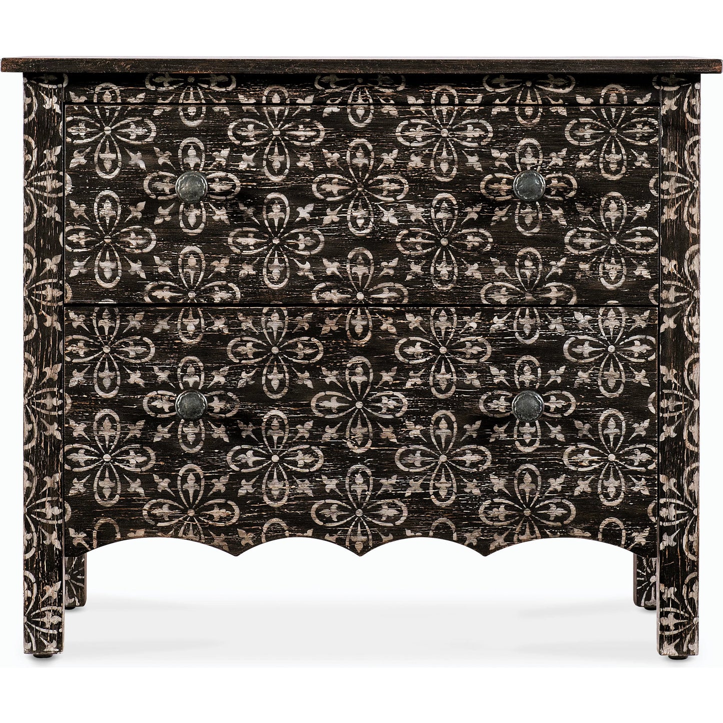 002 SI-2185808 | Additional Silo | Americana Two-Drawer Nightstand by Hooker Furniture in black and molasses finish. Made from oak veneers in a cottage & farmhouse style.