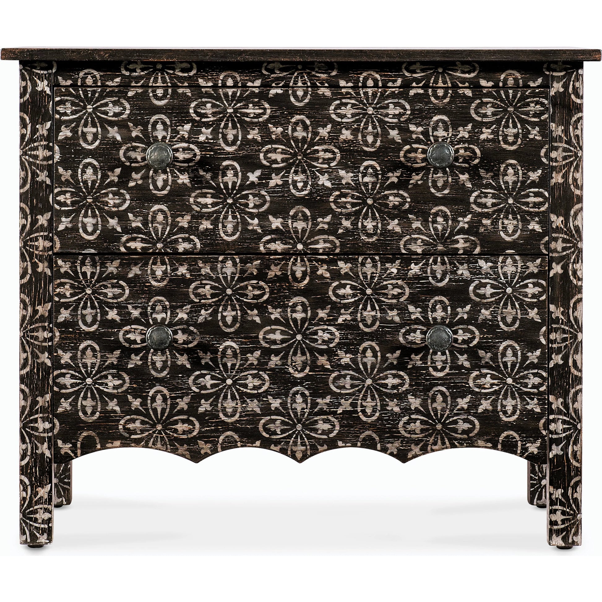 Americana Two-Drawer Nightstand by Hooker Furniture in black and molasses finish. Made from oak veneers in a cottage & farmhouse style.