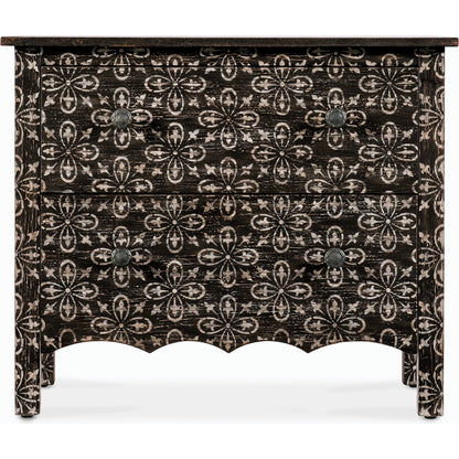 Americana Two-Drawer Nightstand by Hooker Furniture in black and molasses finish. Made from oak veneers in a cottage & farmhouse style.
