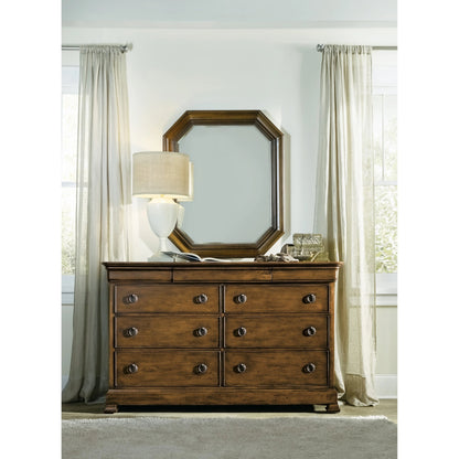 Archivist Dresser by Hooker Furniture in pecan. Made from pecky pecan veneers, felt in a traditional style.