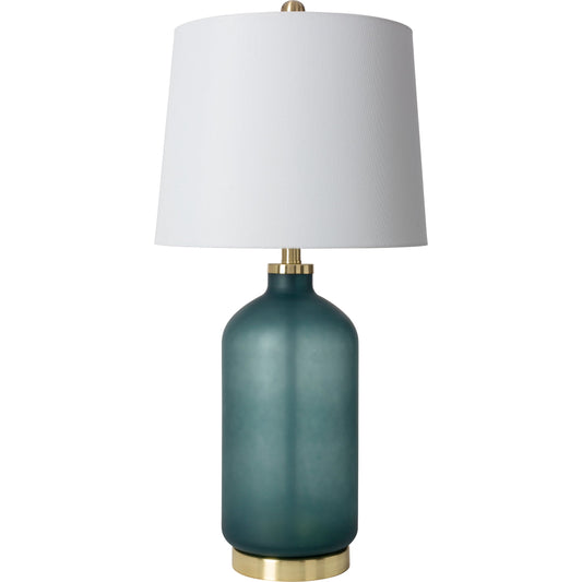 Treyvon Accent Table Lamp by Surya in body: green, base: gold, shade: white, finial: metallic - nickel, harp: metallic - nickel, cord: translucent and brushed. Made from body: glass, base: metal, shade (outside): linen, s